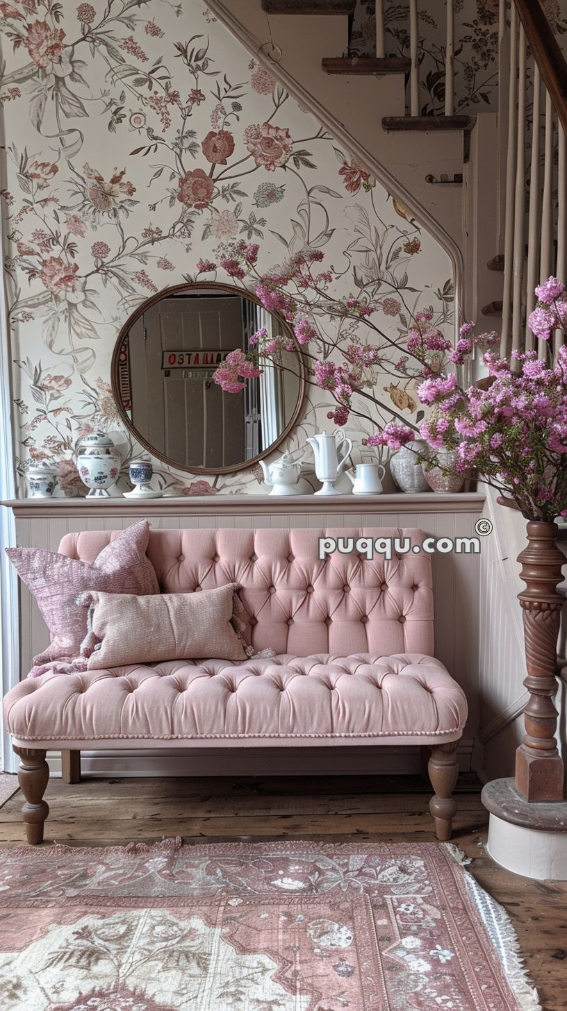Cozy living room with a pink tufted loveseat, floral wallpaper, a round mirror, and decorative vases.
