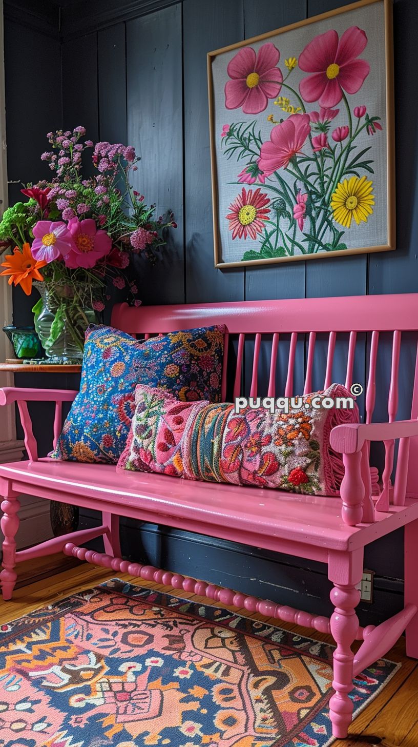 Pink wooden bench with colorful floral cushions, a floral tapestry on the dark background wall, a vase with vibrant flowers on the side, and a patterned rug on the floor.