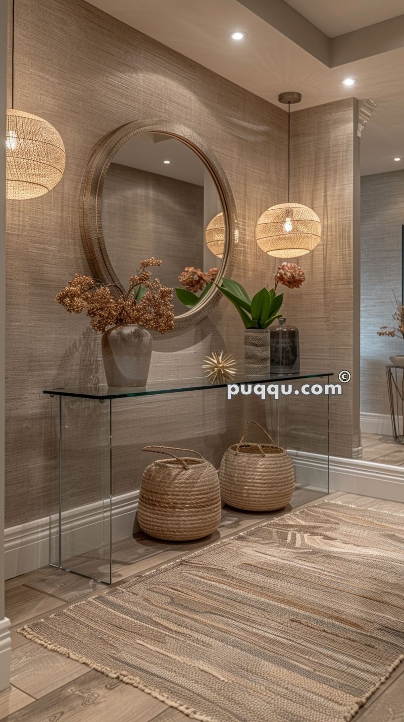 Modern hallway with a glass console table, round mirror, wicker pendant lights, dried floral arrangement in a vase, woven baskets, and a textured rug.