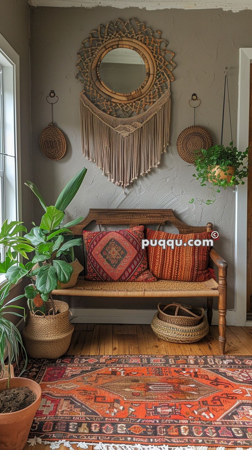 A cozy, bohemian-style seating area with a wooden bench adorned with colorful throw pillows, surrounded by indoor plants. Above the bench, a woven mirror and macrame wall hanging are displayed on a textured wall, complemented by hanging wicker baskets. A vibrant, patterned rug covers the wooden floor.