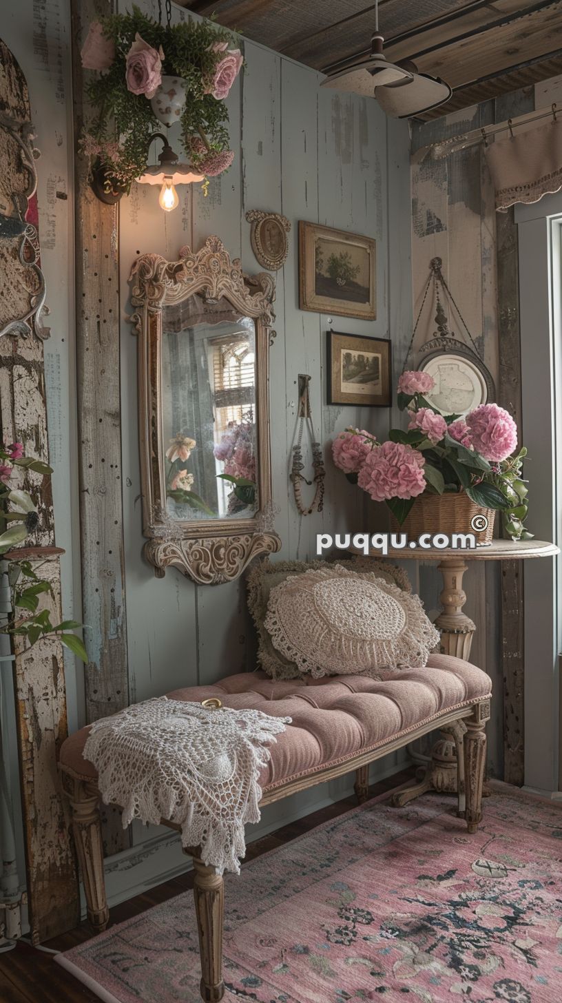 Vintage-inspired room with floral decor, featuring an ornate mirror, a pink cushioned bench with lace covers, and a side table with a basket of pink hydrangeas.