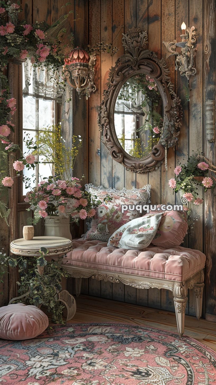 Cozy vintage room with a pink tufted bench, floral cushions, a round side table, ornate mirror, and a chandelier, decorated with flowers and greenery.