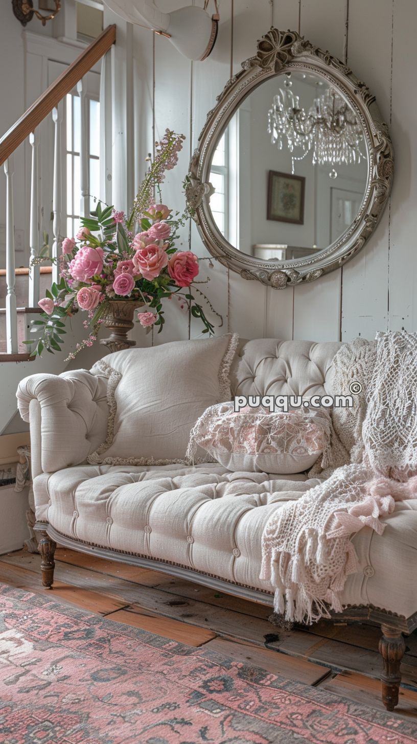 Vintage-style living room with an ornate round mirror, tufted beige loveseat, floral arrangement, and lace accents.