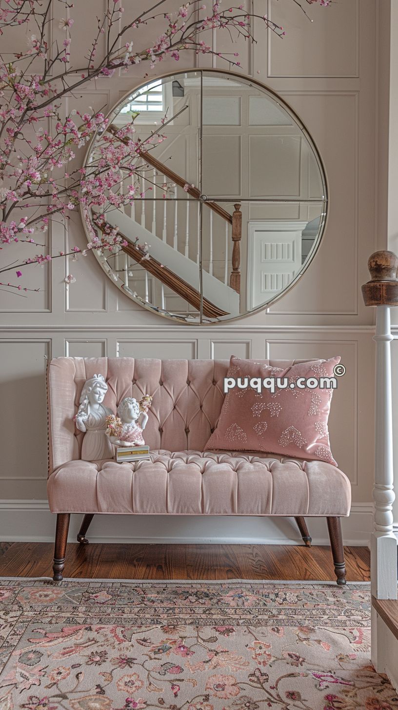 Elegant living area with a pink upholstered bench, decorative cushions, and porcelain sculptures. A large round mirror reflects a staircase. Cherry blossom branches add a delicate touch, complemented by a patterned rug.
