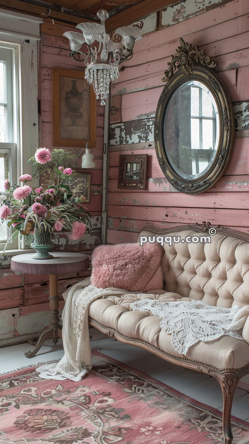 Vintage-style room with a tufted beige sofa, pink fluffy pillow, lace throw, pink and beige patterned rug, round side table with a floral arrangement, antique chandelier, and worn pink wooden walls adorned with framed art and an oval mirror.