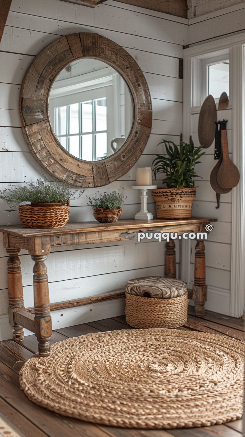 Rustic entryway with a wooden console table, round woven rug, circular wooden-framed mirror, wicker baskets with plants, candle on a stand, and wooden kitchen utensils hanging on the wall.