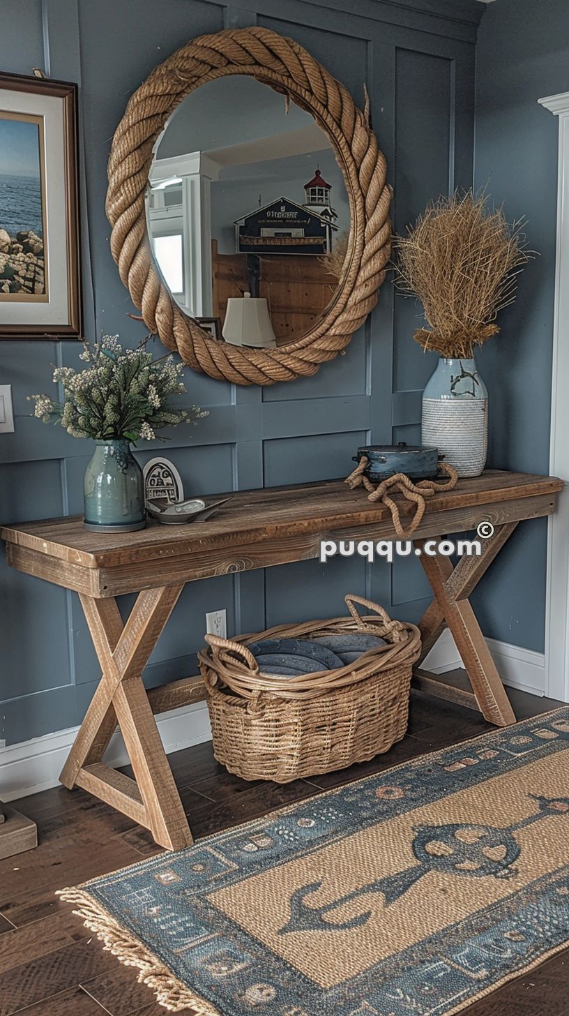 Decorative console table with coastal decor, including a rope-framed mirror, vases with greenery, a basket below the table, and a nautical-themed rug.