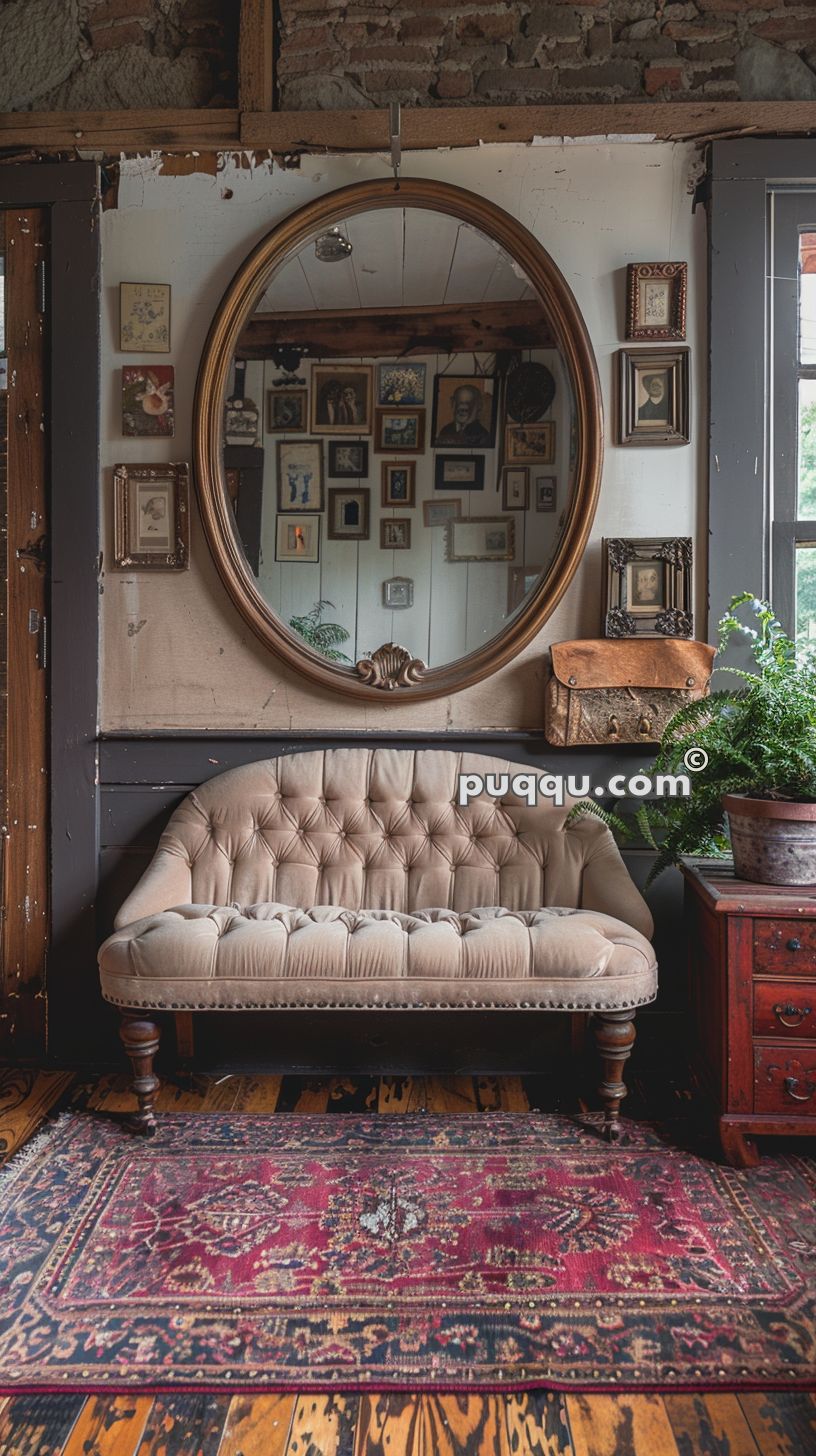 Vintage living room with a tufted sofa, large round mirror, assorted framed pictures, and a Persian rug.