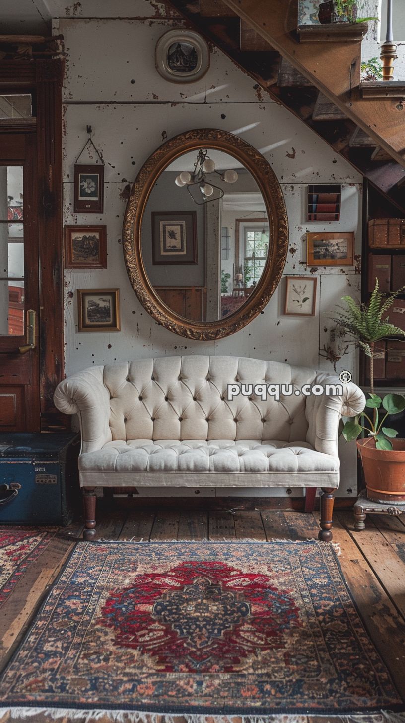 A vintage living room with a tufted beige sofa, large ornate oval mirror, assorted framed art, potted plants, and patterned rug on wooden floor.
