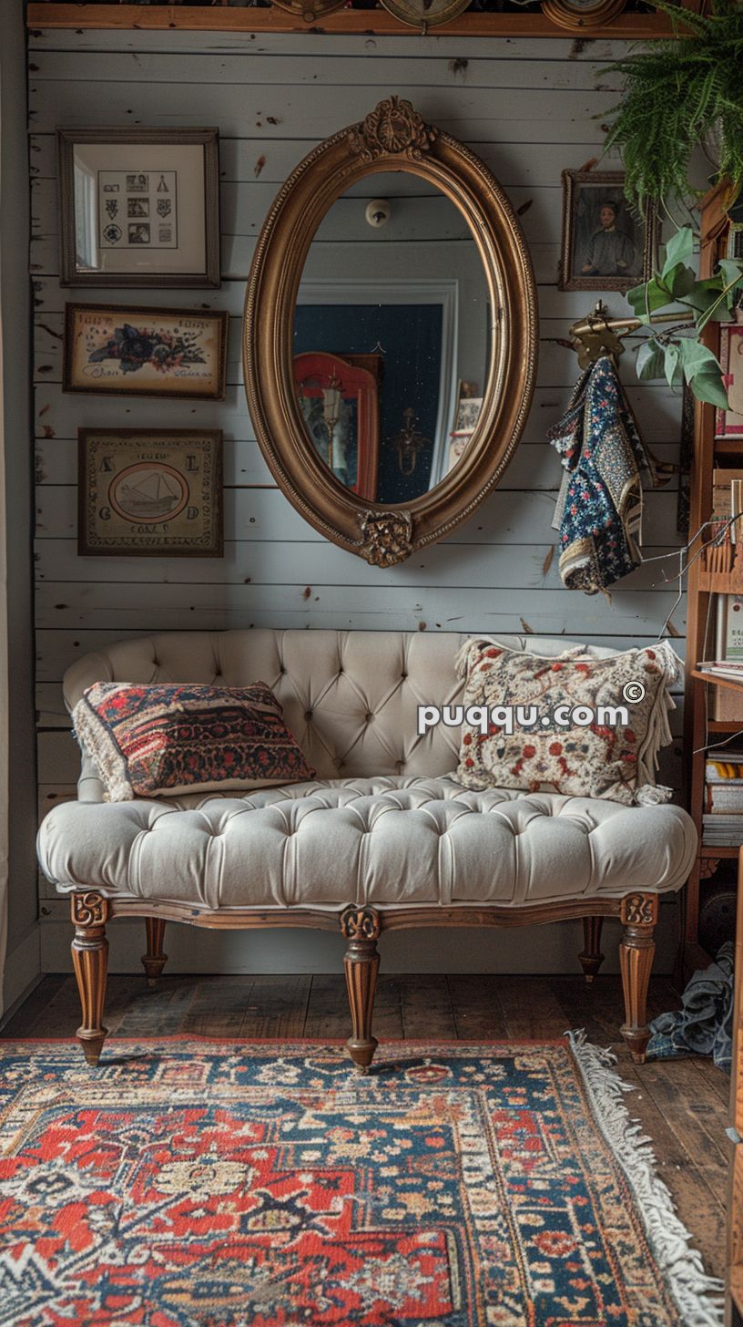 Elegant vintage room with a tufted beige loveseat, adorned with patterned pillows, a large ornate oval mirror, framed artwork on the wooden wall, and a vibrant oriental rug on the floor.