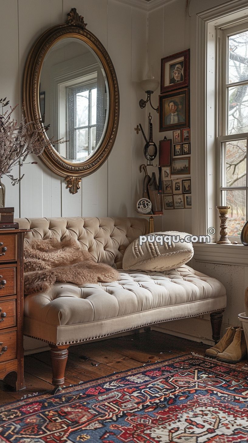 A cozy living room corner with a tufted beige sofa, a large round gold-framed mirror on the wall, and a decorative wool rug on the wooden floor. The wall features various framed pictures and hanging decorative items, with a window allowing natural light to enter the room. A small dresser and vintage decorations, including a soft throw and a knitted pillow, add to the rustic charm.