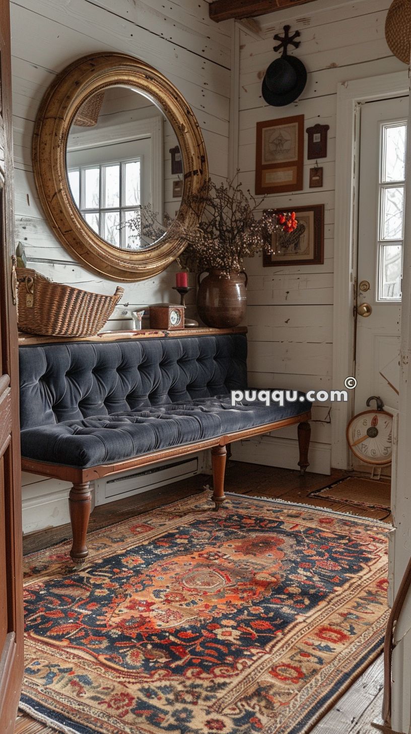 Cozy entryway with a large round mirror, dark tufted bench, wicker basket, and decorative items on a wooden shelf, Persian-style rug on the floor, white panel walls, and a door with glass panes.