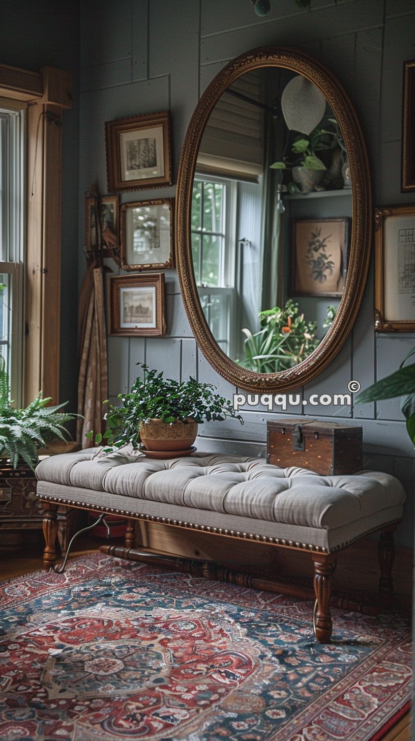 Elegant interior featuring a large oval mirror, a tufted bench, indoor plants, and framed art on rustic gray panel walls.