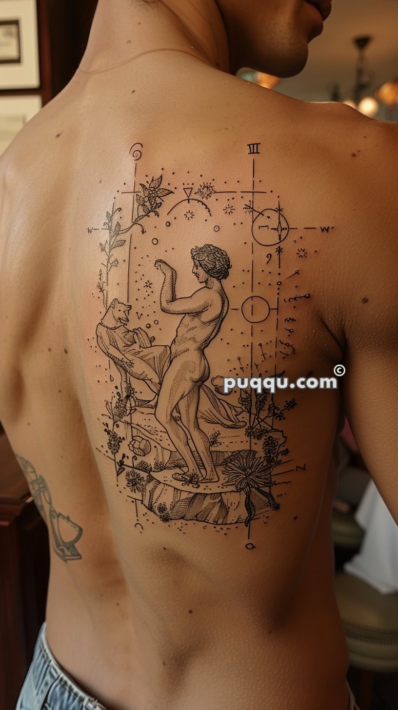 Detailed tattoo of a standing nude figure and an anthropomorphic animal on a person's back.