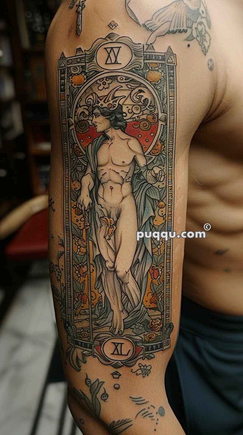 Art Nouveau style tattoo on an arm, featuring a detailed depiction of a semi-nude, draped figure with a floral and geometric background, including Roman numerals XV and XL.