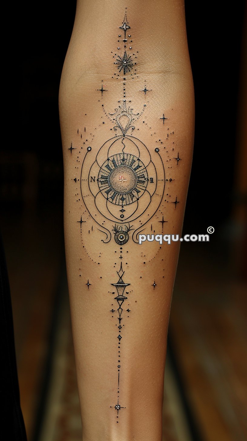 A detailed, geometric tattoo design on an arm, featuring a compass at the center surrounded by intricate patterns and dot work extending vertically.