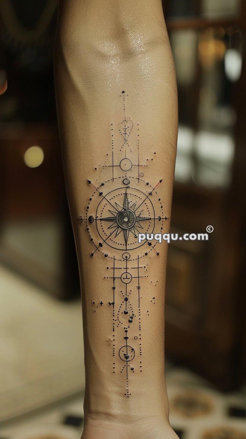 Geometric compass tattoo design on an arm with intricate dotted details and symmetrical lines.