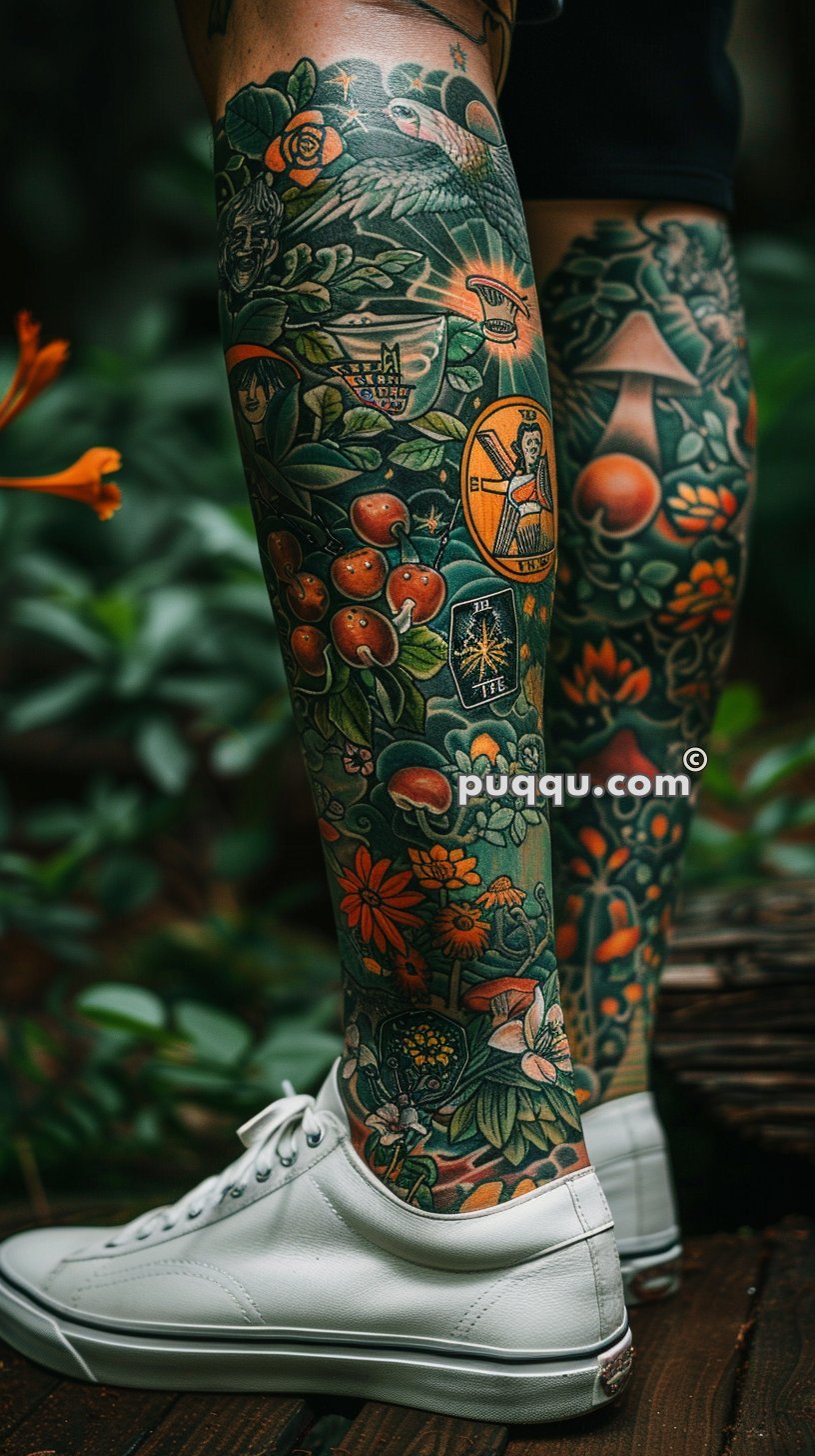 Two legs covered in detailed colorful tattoos featuring various images such as flowers, birds, mushrooms, insects, and tarot cards, with the person wearing white sneakers.