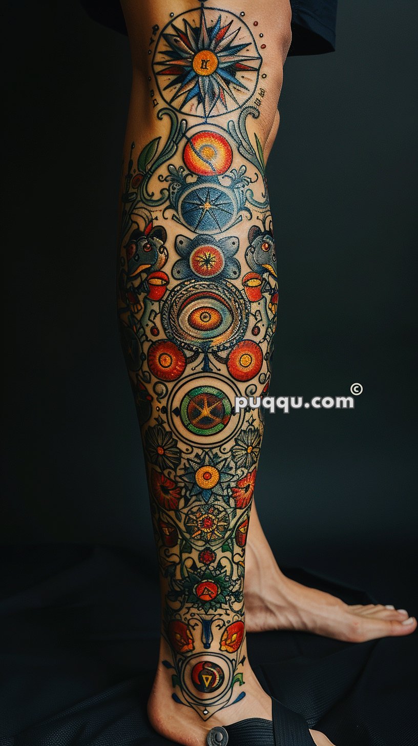 Colorful full-leg tattoo featuring intricate geometric designs, symbols, and floral elements.