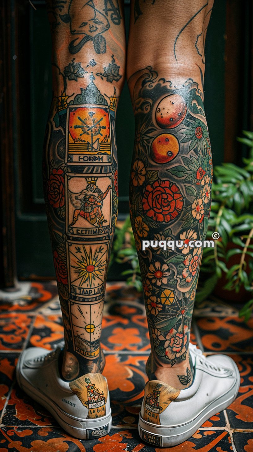 Back view of tattooed legs wearing white sneakers, standing on a decorative tiled floor.