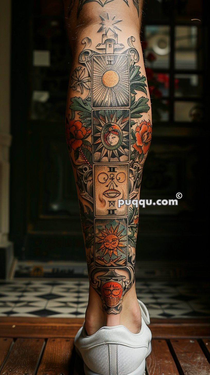 Detailed tattoo design on a leg featuring intricate symbols, a sun and moon motif, floral elements, and abstract decorative patterns.