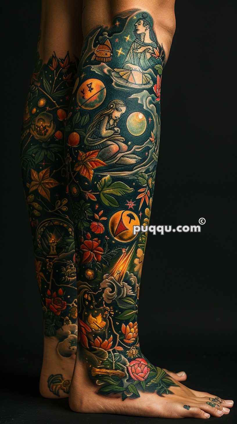 Colorful, detailed tattoos covering legs and feet with celestial and nature-themed illustrations including planets, flowers, and women.