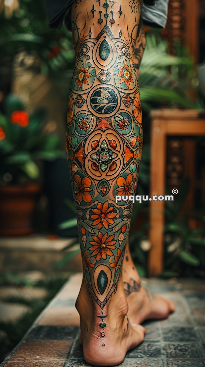 Intricate, colorful leg tattoo featuring geometric patterns, floral designs, and abstract elements.