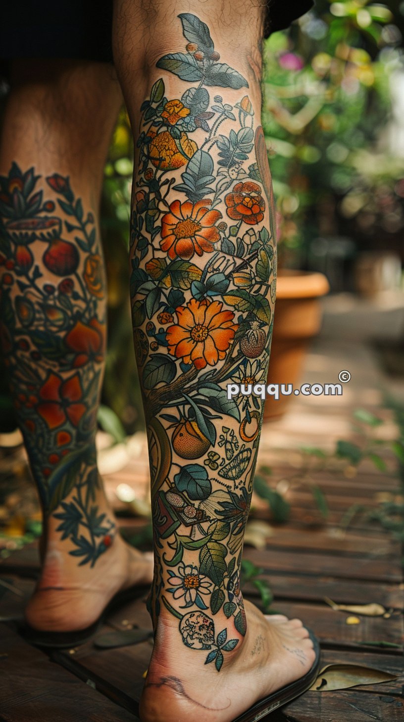 Detailed floral and botanical tattoo covering the lower legs, featuring vibrant orange and green hues.