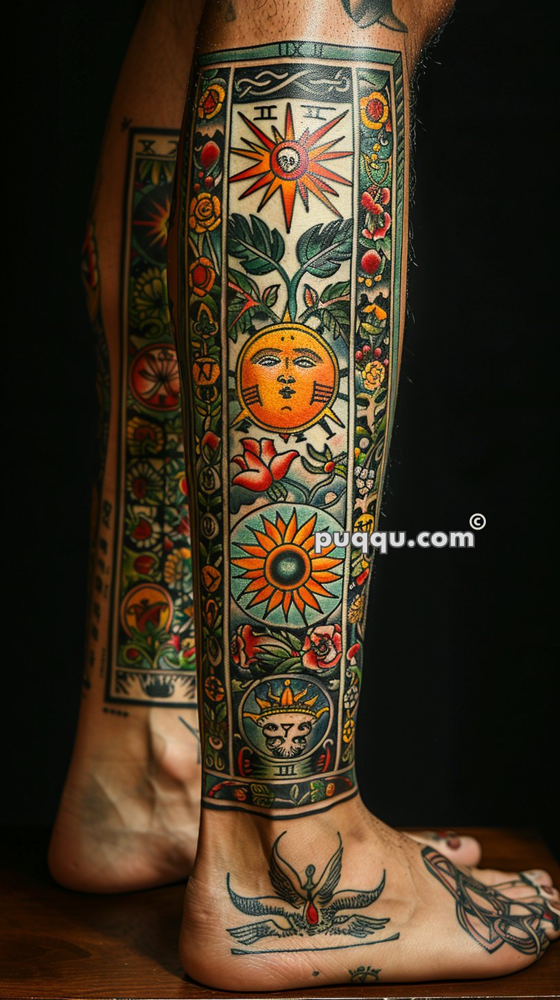 Detailed tarot-themed leg tattoo with colorful imagery including the sun, a crown-wearing skull, stars, and a variety of flowers.