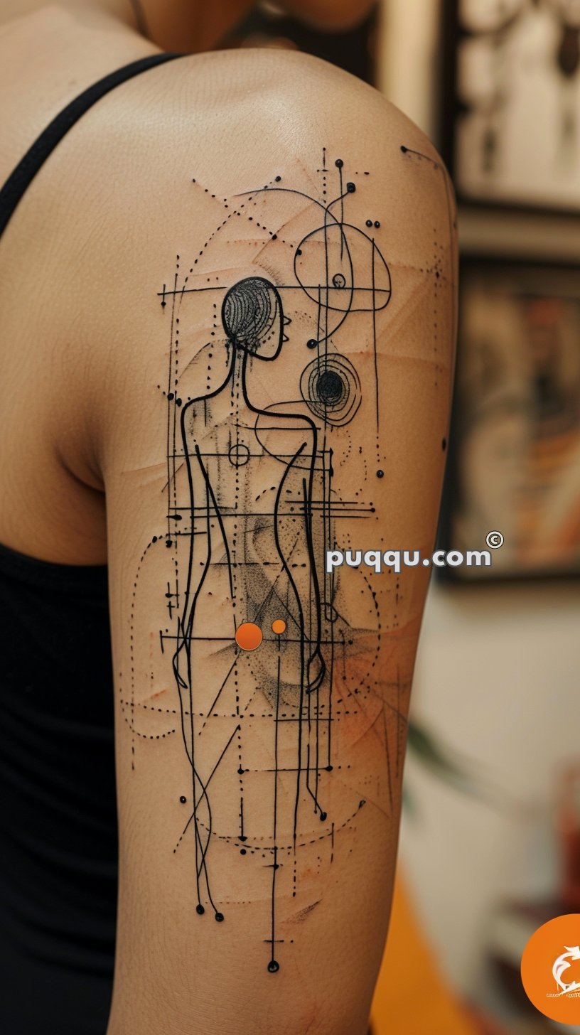 Abstract geometric tattoo with a depiction of a standing human figure and various intersecting lines and shapes on a person's upper arm.