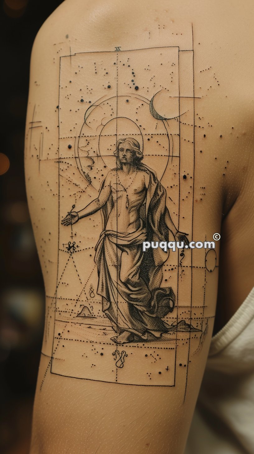 An intricate tattoo of a classical-style figure draped in cloth, surrounded by geometric lines and dot work, positioned on the upper arm.