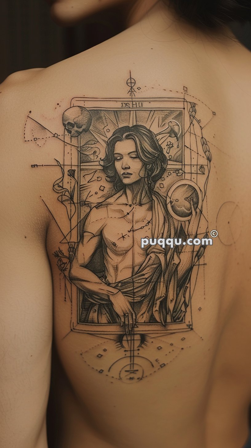 A detailed tattoo of a figure with long hair and a muscular upper body, framed within intricate geometric patterns, symbols, and objects such as a skull, located on a person's upper back.