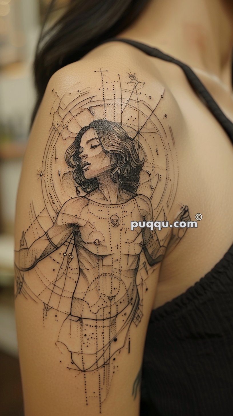 Detailed linework tattoo of a woman with flowing hair in an abstract, geometric style on someone's upper arm.