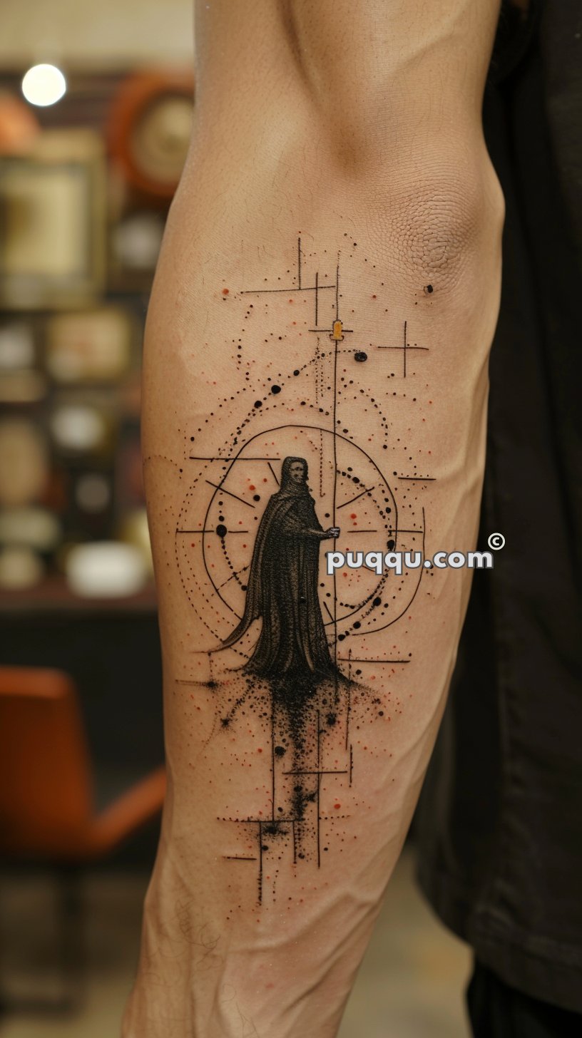 Tattoo on forearm depicting a cloaked figure holding a staff with geometric and dotwork elements.