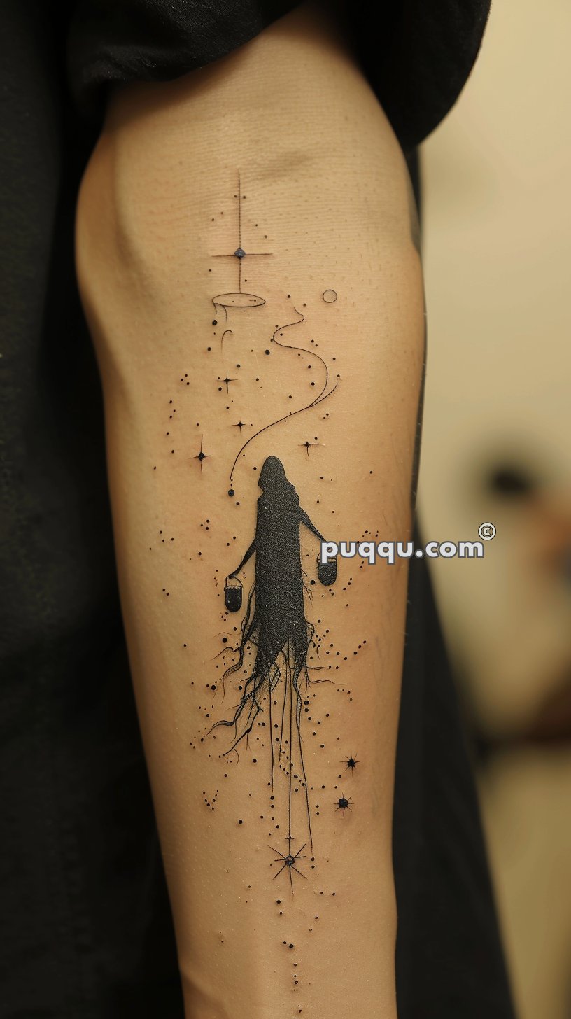 Arm tattoo of a hooded, shadowy figure with outstretched arms set against a backdrop of dots and lines forming abstract constellations and shapes.