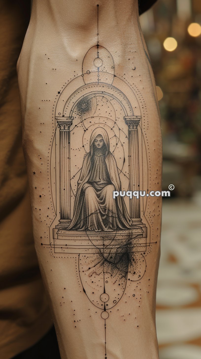 Tattoo of a robed figure sitting on a throne between columns, with an intricate dot and line geometric design surrounding it.