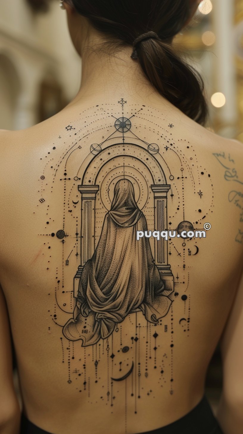 Intricate black and grey tattoo of a cloaked figure sitting in front of an archway, adorned with celestial elements and geometric patterns located on a person's back.