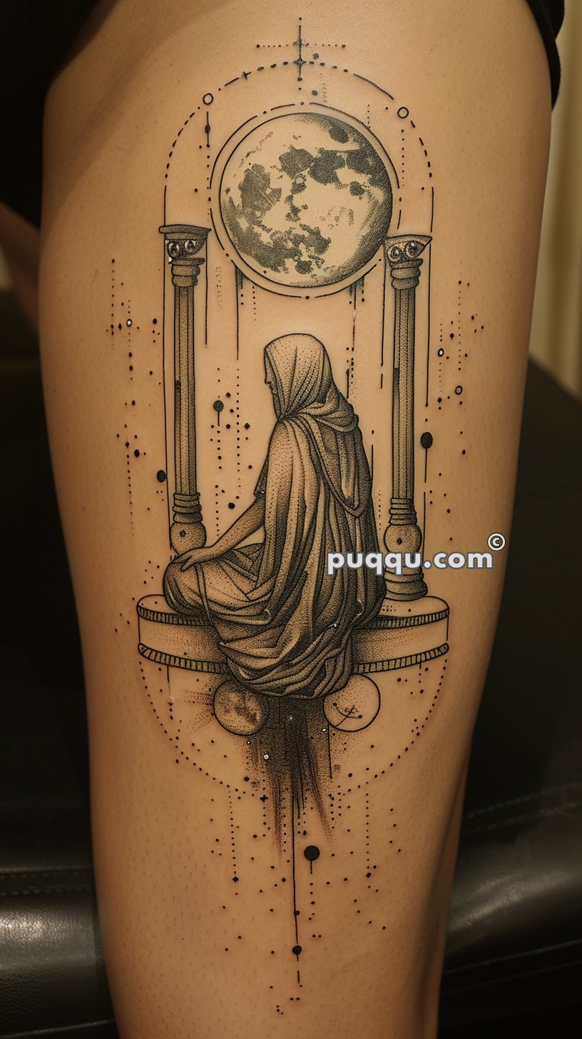 Tattoo of a hooded figure sitting between two pillars under a full moon.