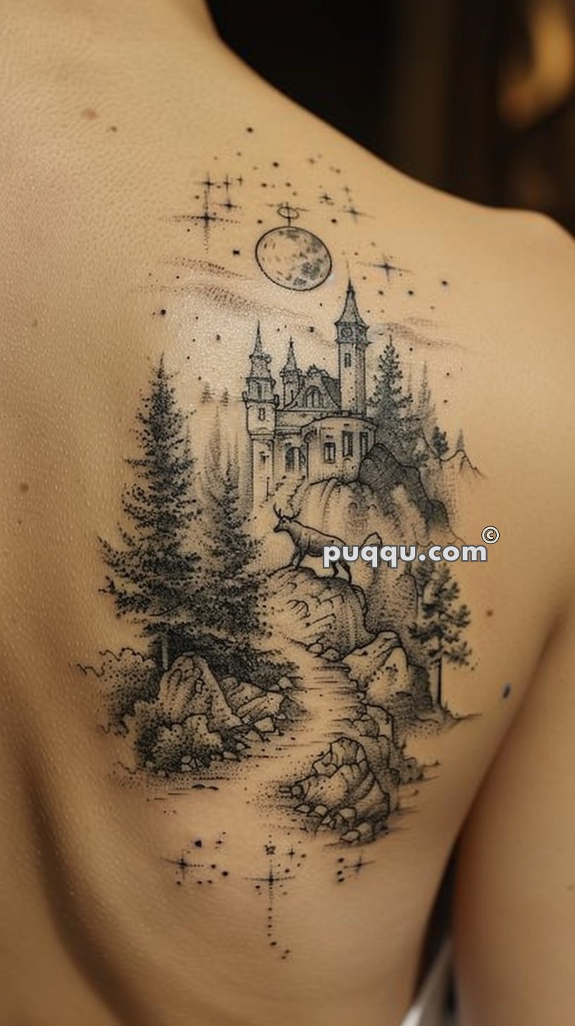 Tattoo of a fantasy castle with towers, surrounded by trees and rocks, and a deer in the foreground, with a moon and stars in the night sky above.