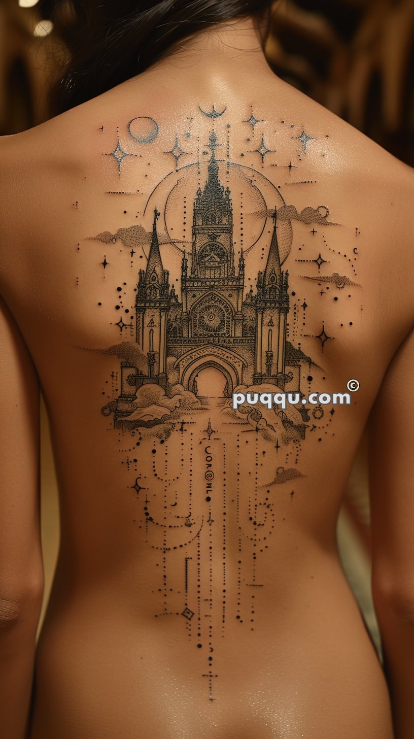 Tattoo of a Gothic-style castle with detailed spires and arches on a person's back, surrounded by celestial elements like stars, crescent moons, and clouds.