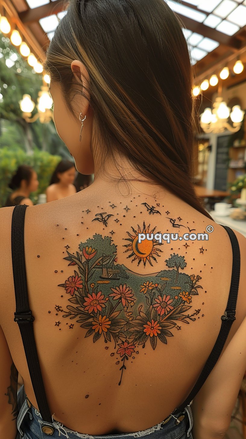 A woman with long brown hair is showing her back with a detailed tattoo of colorful flowers, stars, birds, and a sun. She is wearing a dark sleeveless top with thin straps. The background shows an outdoor setting with blurred lights and greenery.