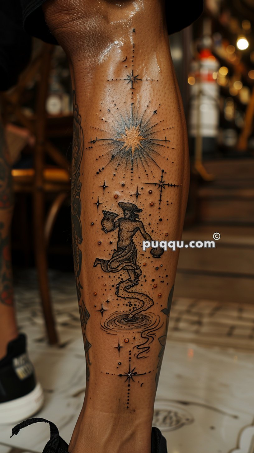 Tattoo on a leg featuring a celestial theme with stars, a large radiating sunburst, and a figure resembling Aquarius, the water bearer.