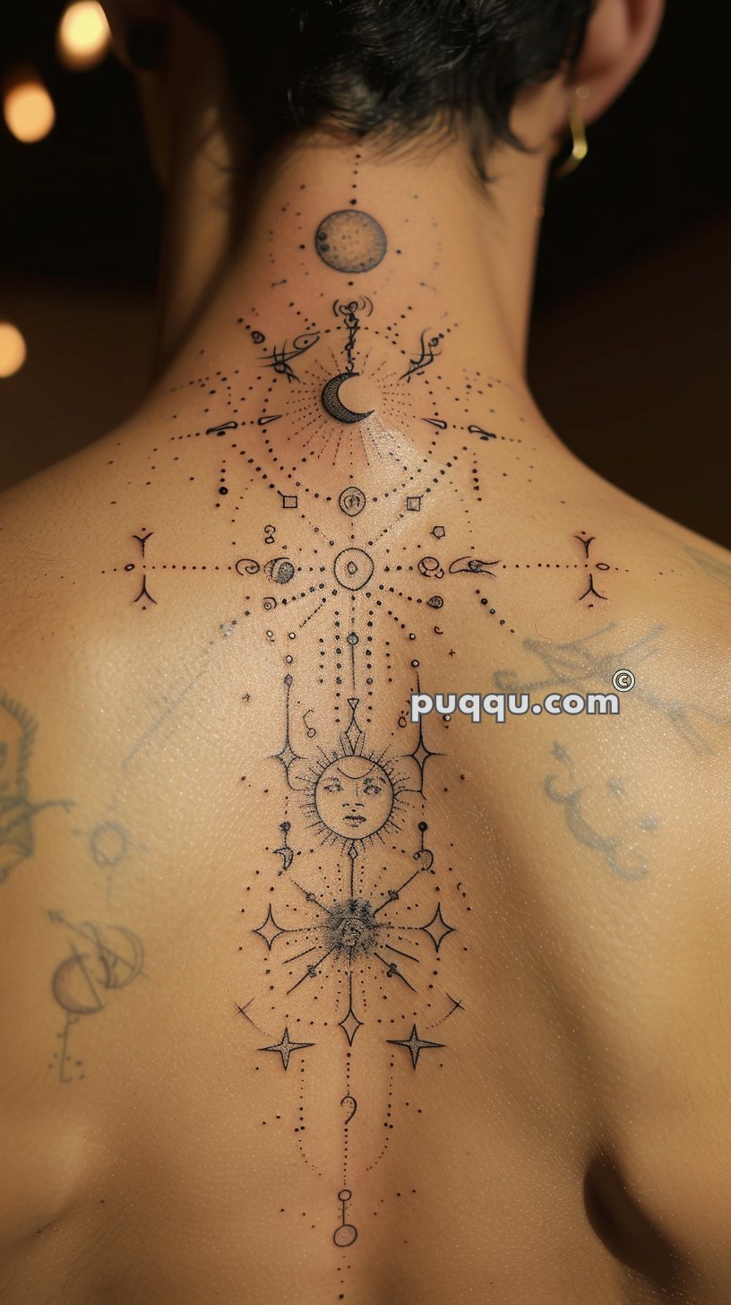 Back tattoo featuring celestial designs, including the sun, moon, stars, and intricate geometric patterns.