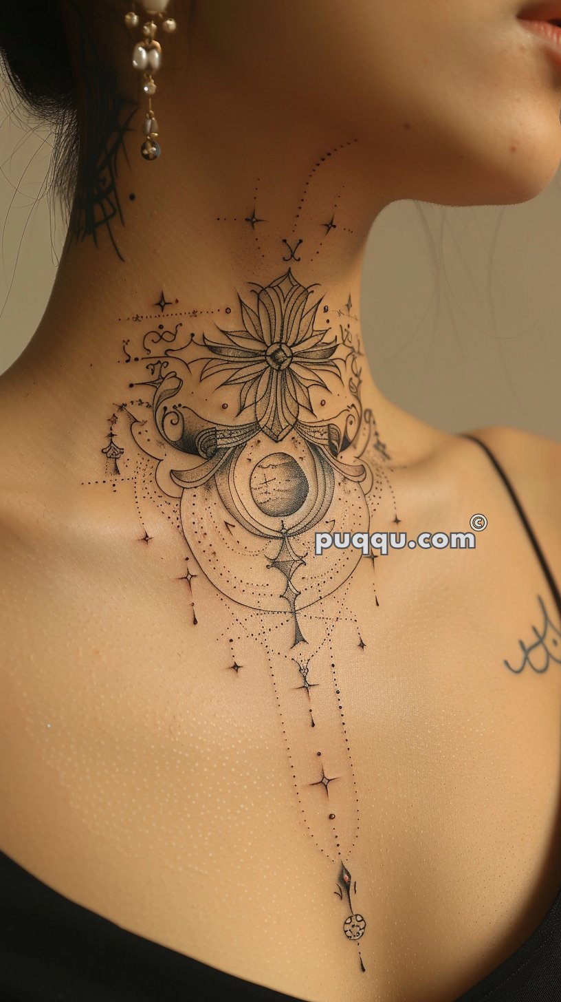 Ornate floral and geometric tattoo on a woman's neck and upper chest, with intricate line work and dot patterns.