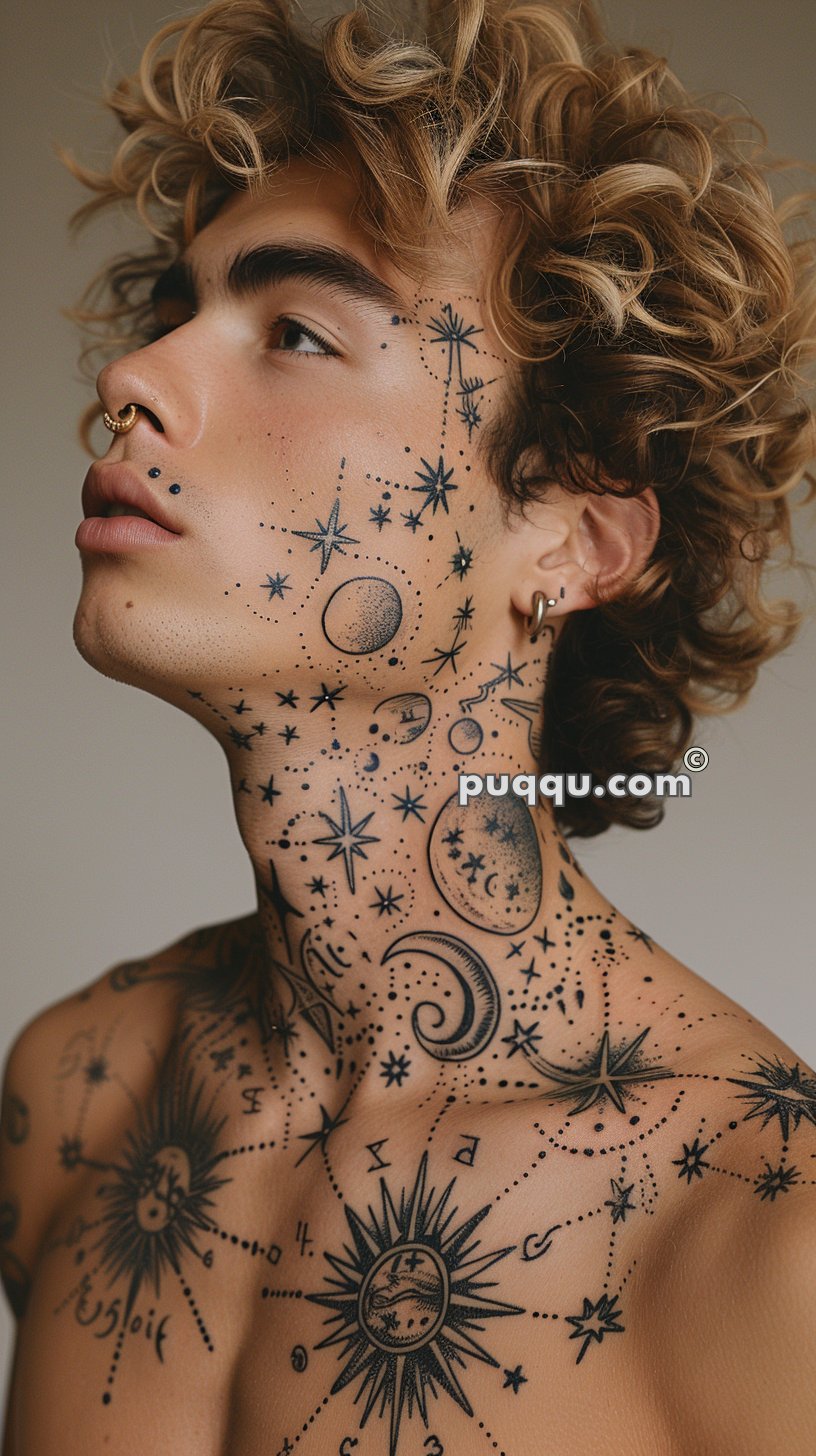 Person with curly hair and multiple facial piercings, covered in intricate celestial-themed tattoos on the face, neck, and chest.