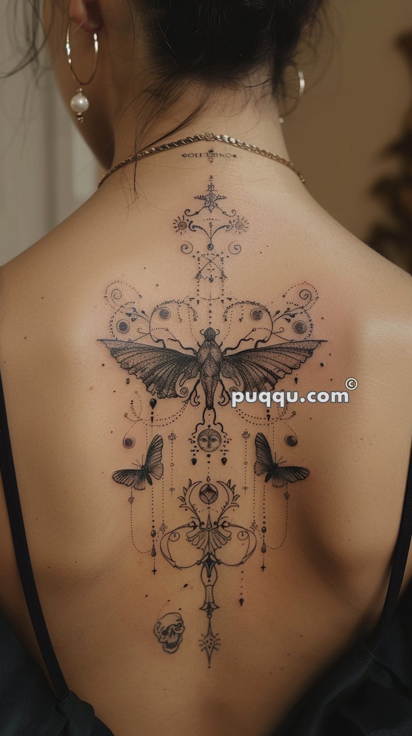 Intricate back tattoo with a central moth, two smaller butterflies, ornamental designs, and a small skull at the bottom.