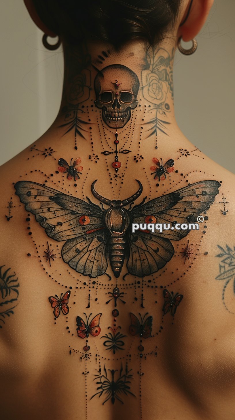 Person's back featuring a large tattoo of a detailed skull and moth, surrounded by smaller butterflies and intricate dot patterns.