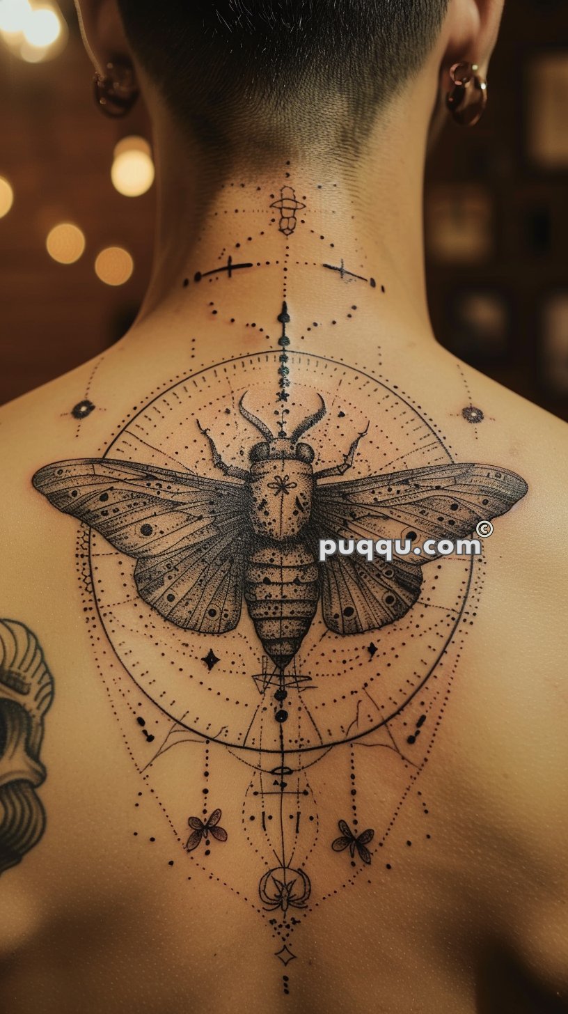 Back tattoo of a large, detailed moth with geometric designs and smaller decorative elements.