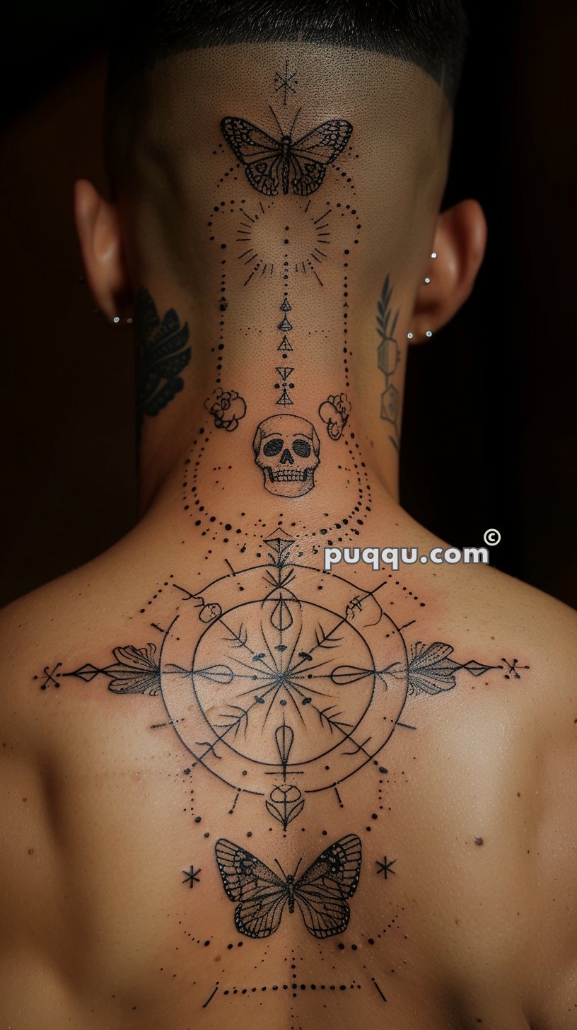 Back tattoos featuring intricate geometric designs, a skull, and two butterflies on the neck and upper back.