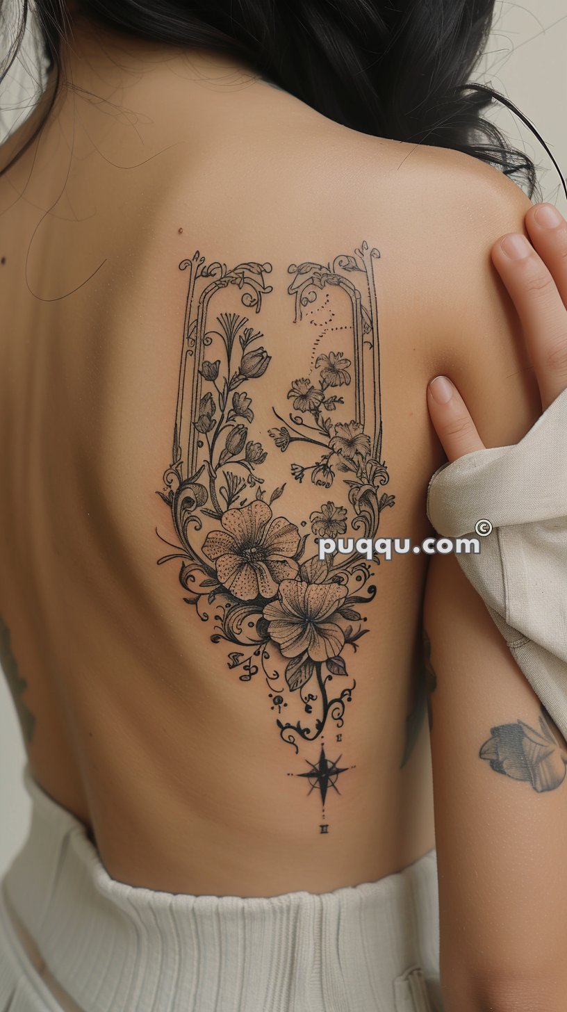 Back tattoo of intricate floral designs with a compass at the base.